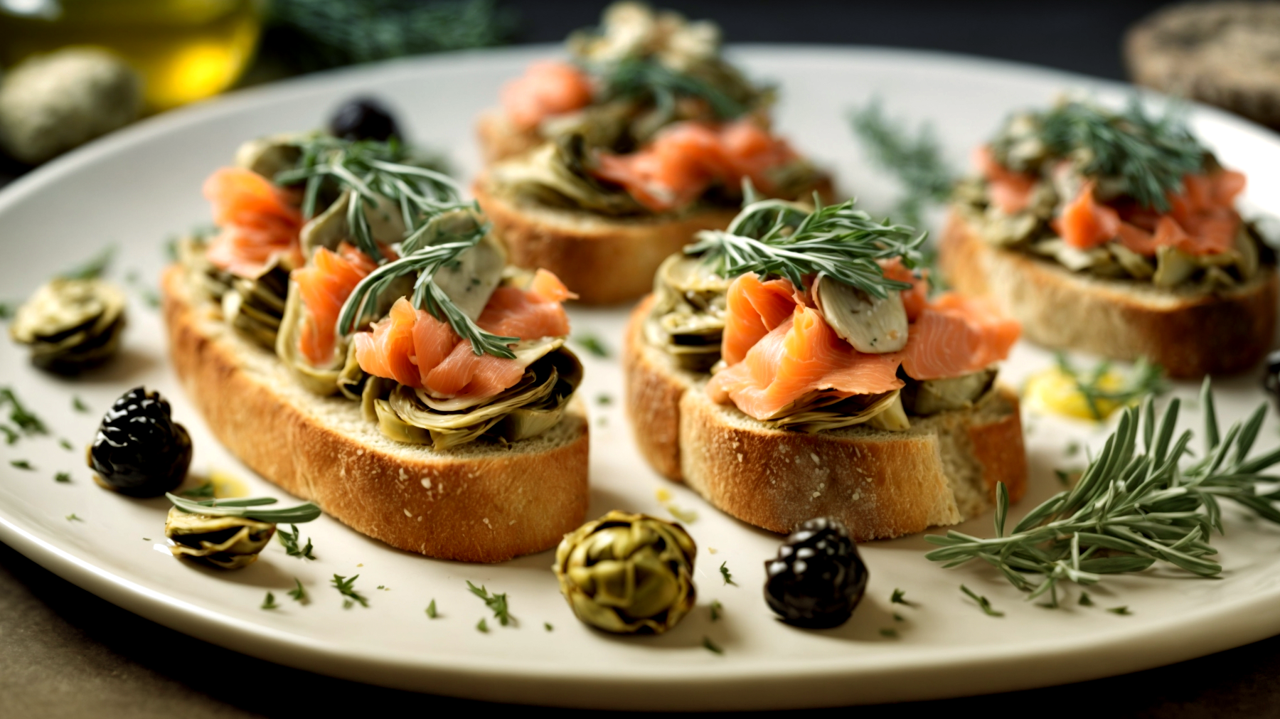 Crostini salmone carciofi uliveti toscani tramonto"