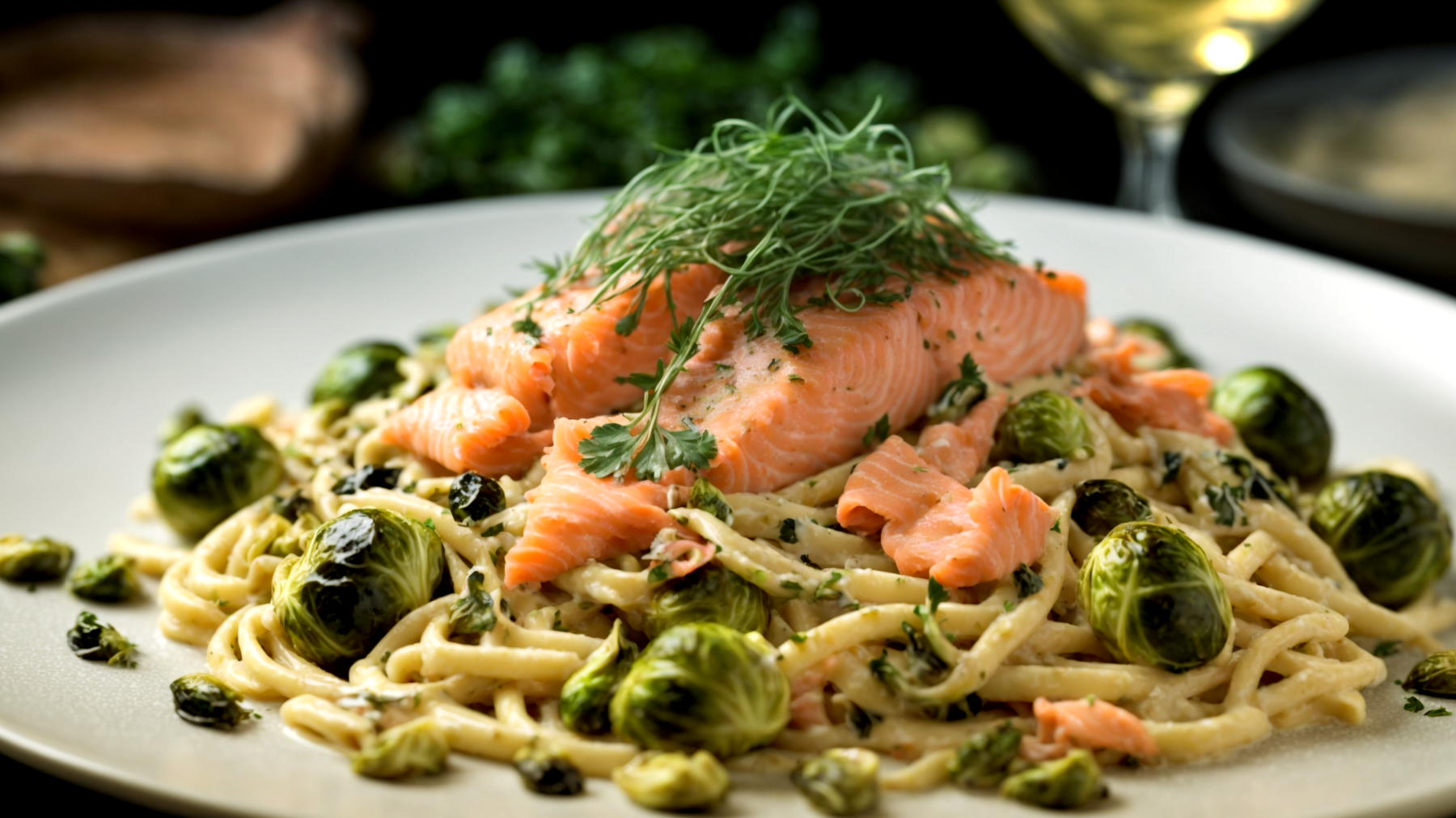 pasta salmone cavoletti di Bruxelles"