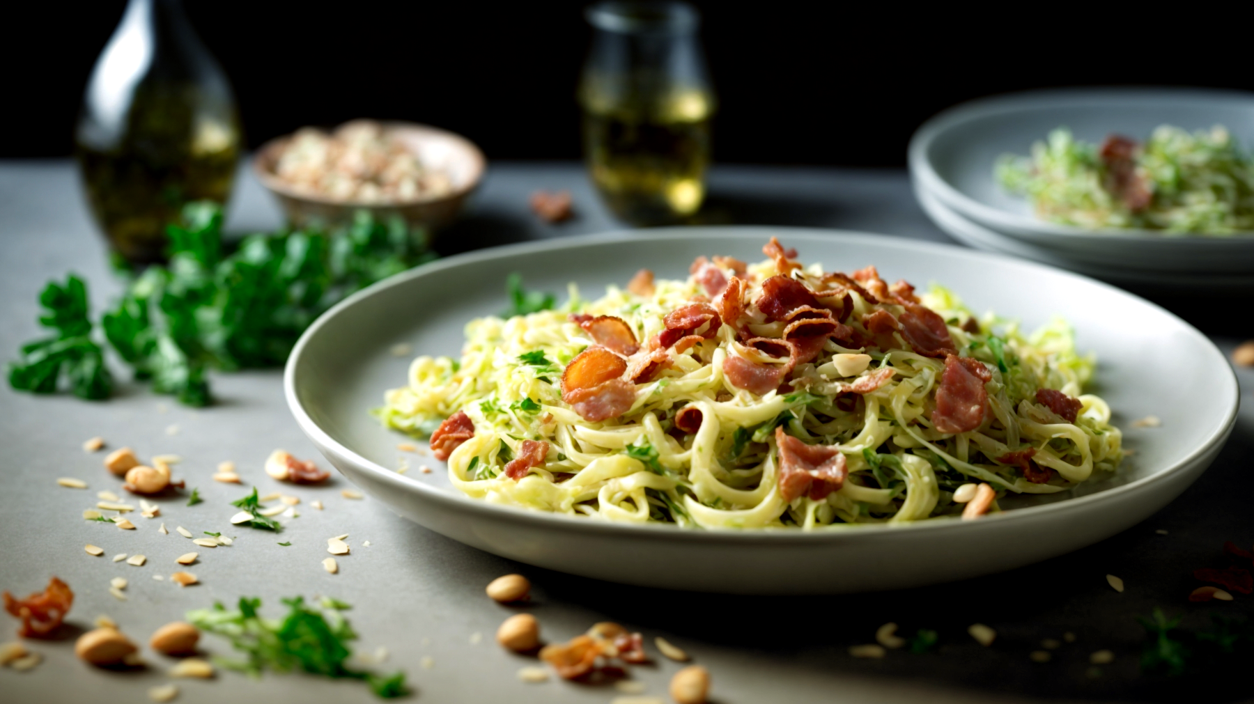 Fusilli pancetta croccante mandorle"