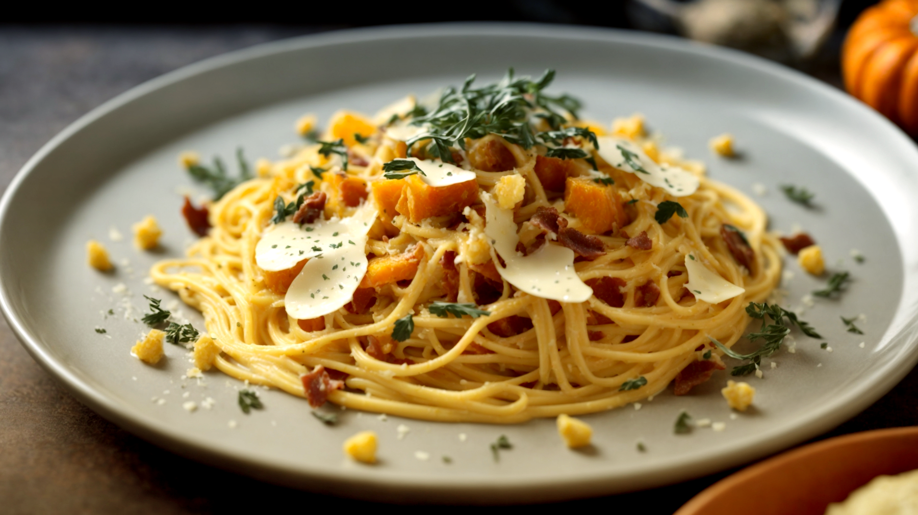 Spaghetti zucca guanciale croccante"