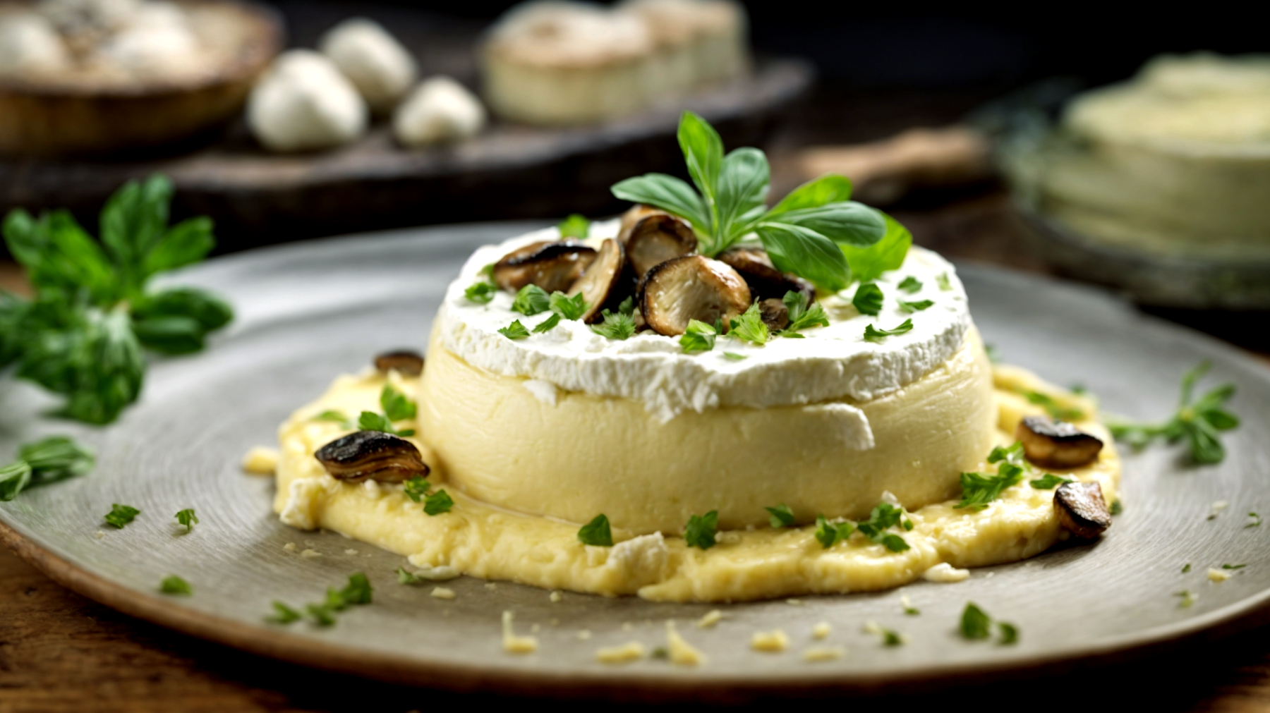 Tavolo di legno tortino di ricotta funghi porcini"