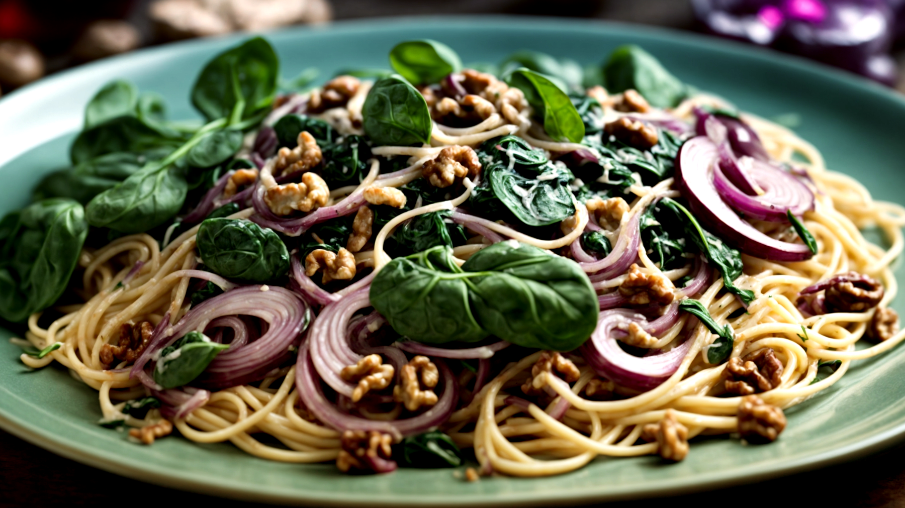 Spaghetti cipolla rossa noci"