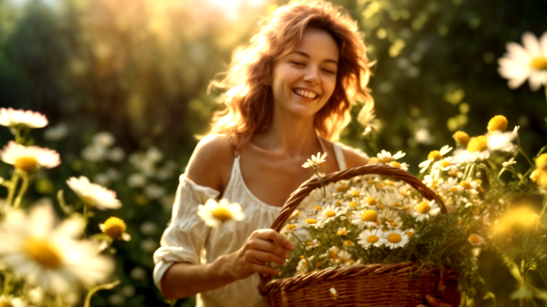 fiori di camomilla attrezzi per raccolta cesto di vimini"